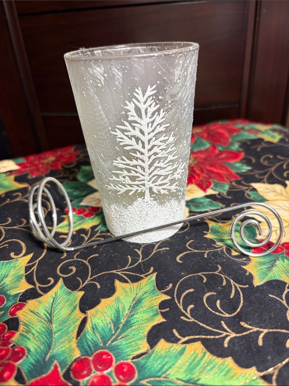 Silver & White Frosted Glass Holiday Votive Holder with Pine Tree